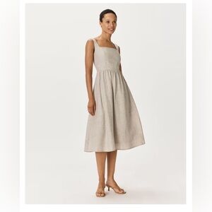 100% European Linen Fit & Flare Midi Dress TAN